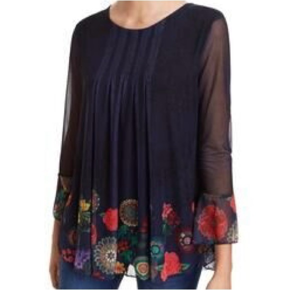 Desigual Tops - Desigual Navy Floral Edged Pleated Blouse with Sheer Sleeves Sz S